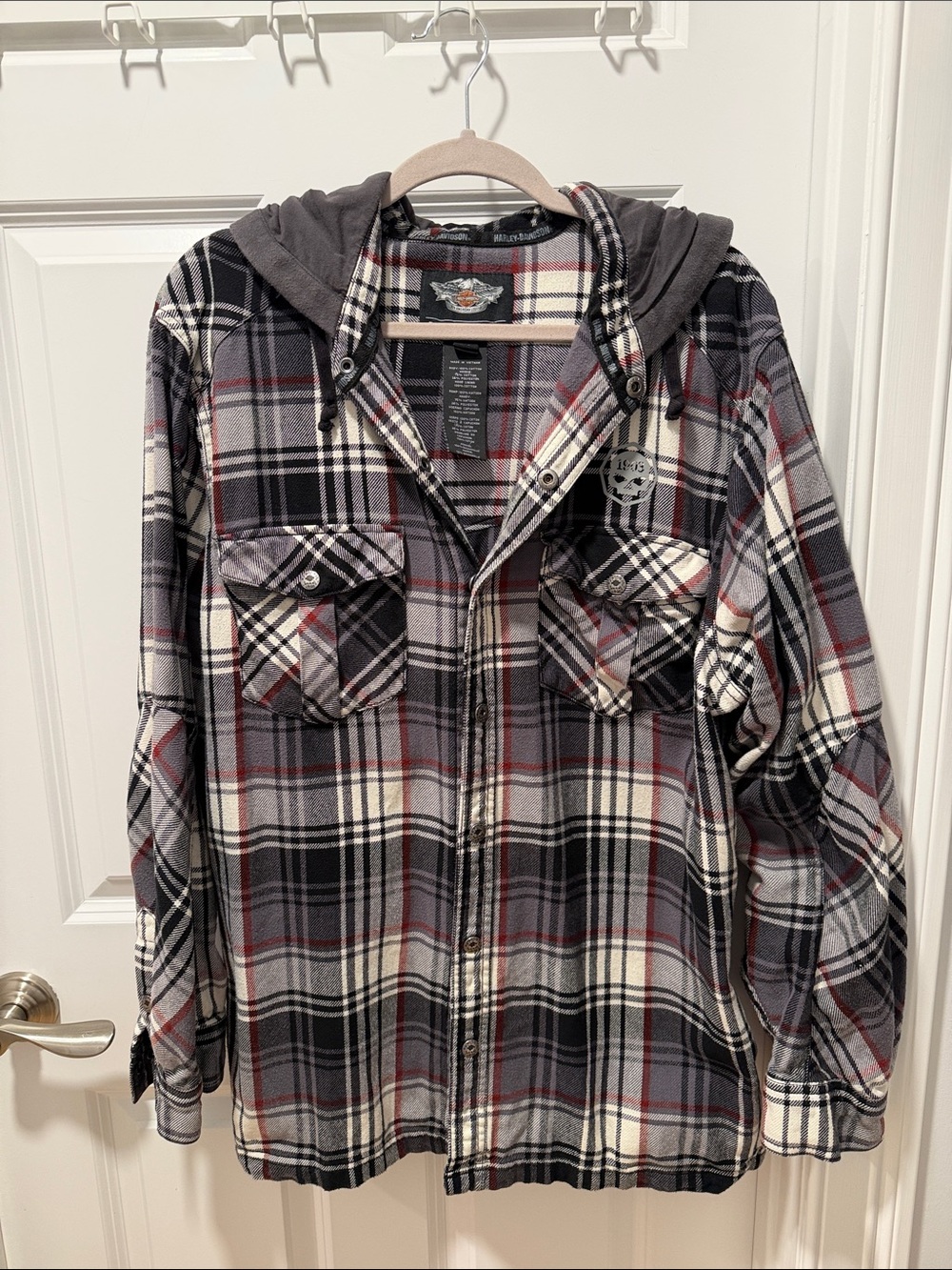 Harley-Davidson Gray Black White Plaid Hooded Flannel Jacket